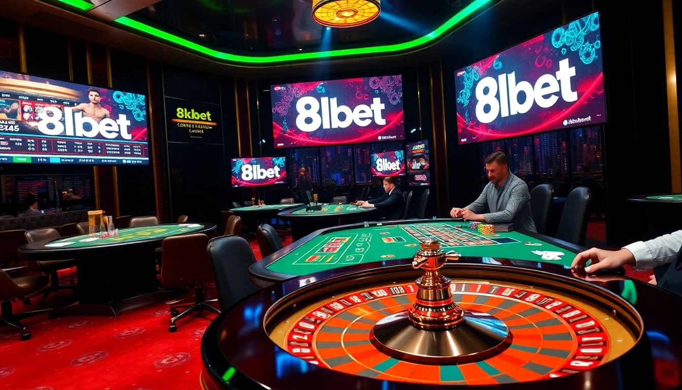 Experience the thrill of betting at 8kbet with a vibrant casino scene featuring poker chips and cards.