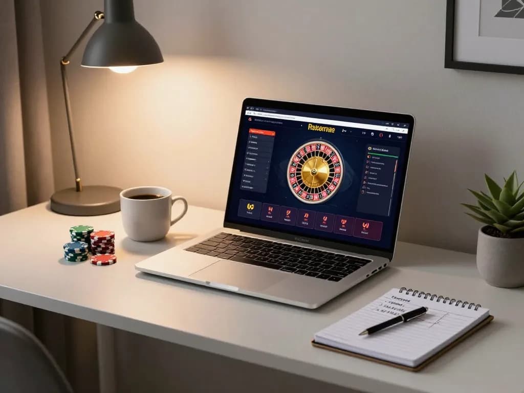 Migliori non AAMS online gaming scene showcasing a stylish home office with roulette game on laptop.