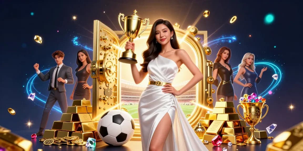 S8 showcases a stunning Asian woman celebrating with a trophy amidst vibrant sports betting elements in a luxurious casino.