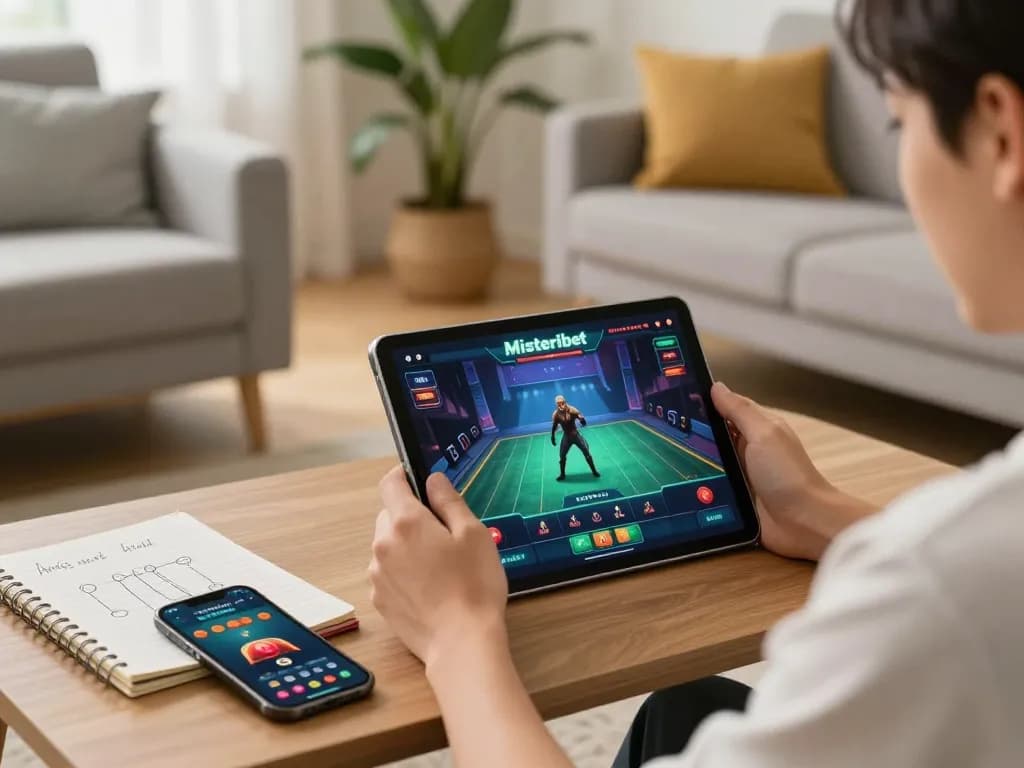 Misteribet online gaming experience in a cozy living room with a tablet and strategy notes.