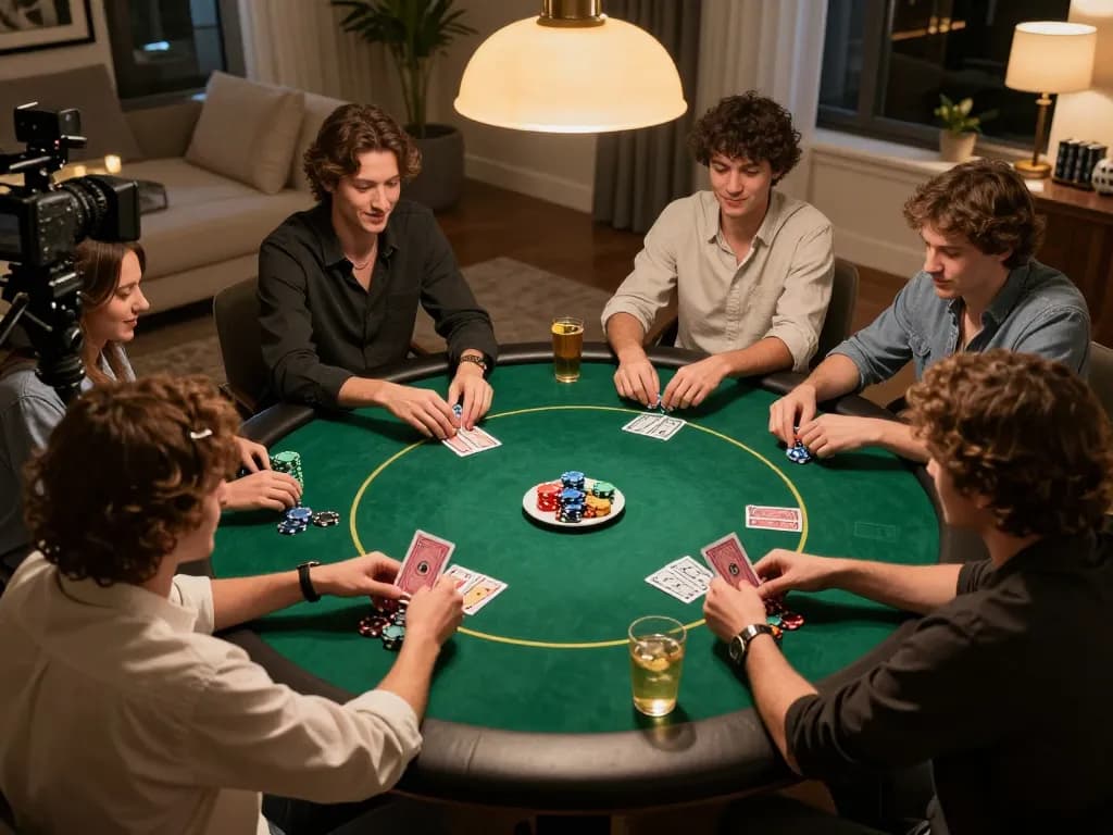 Tg88 players engaging in a friendly poker game, showcasing strategic gameplay and social interaction at a home setting.