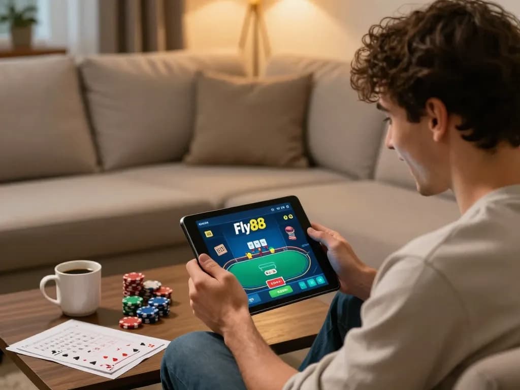 Player enjoying a winning game on the Fly88 casino app while relaxing at home.