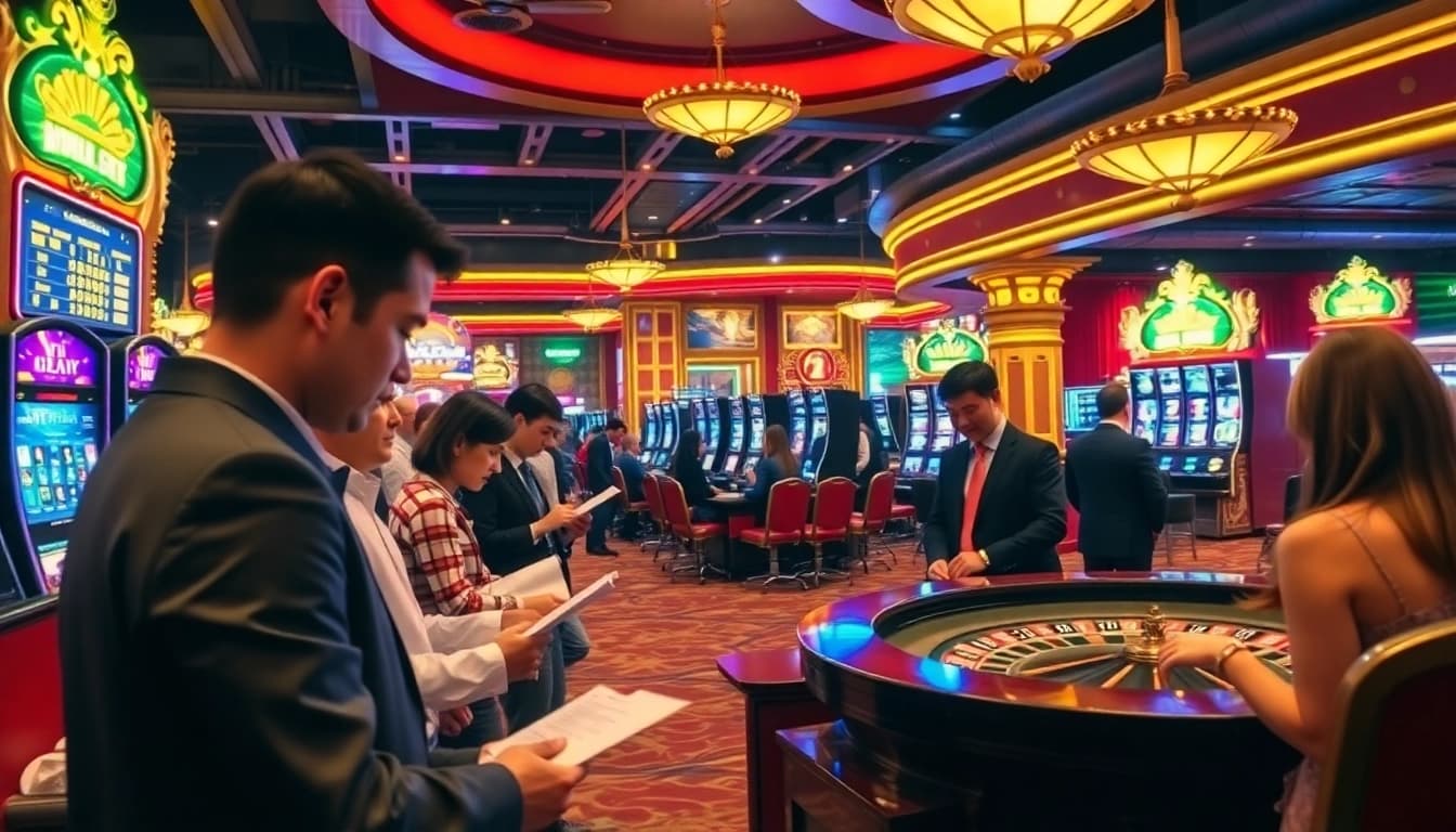 Exciting Situs Slot gaming scene featuring players and roulette at a luxurious casino.