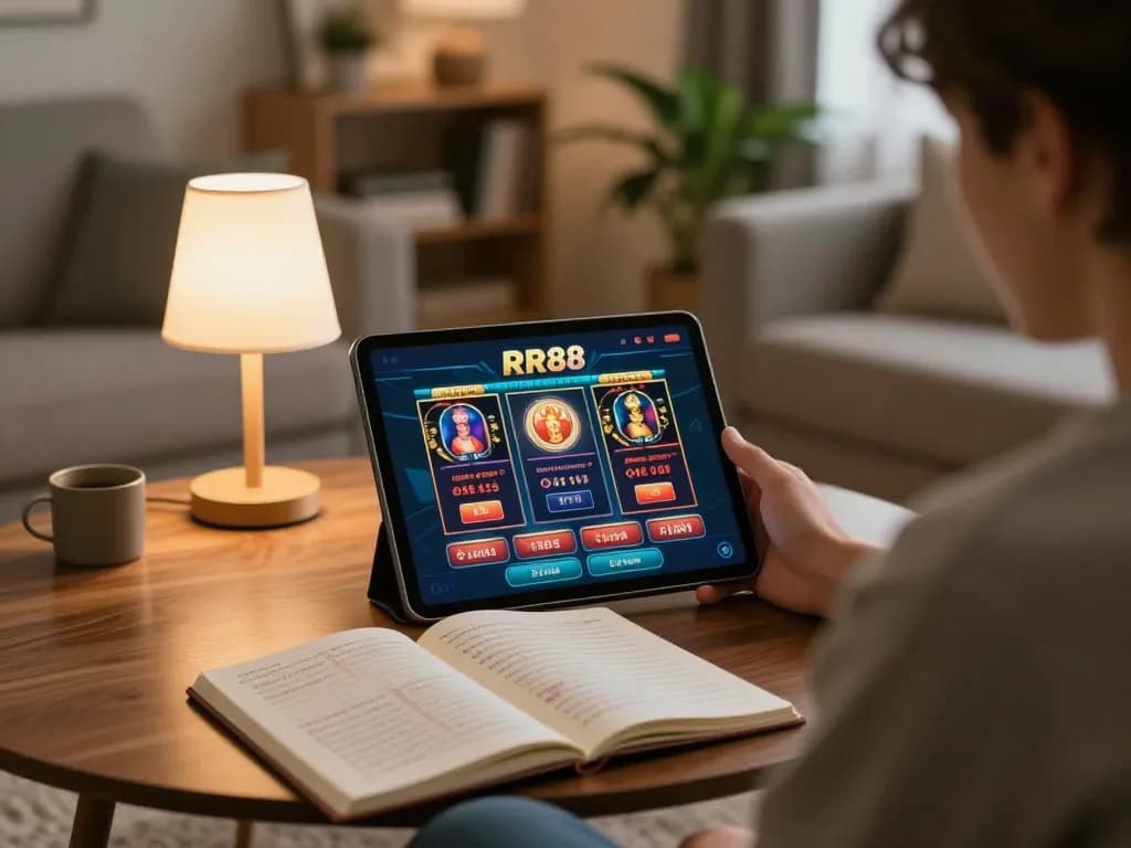 Engaging gameplay on the RR88 casino app displayed on a tablet in a cozy living room.
