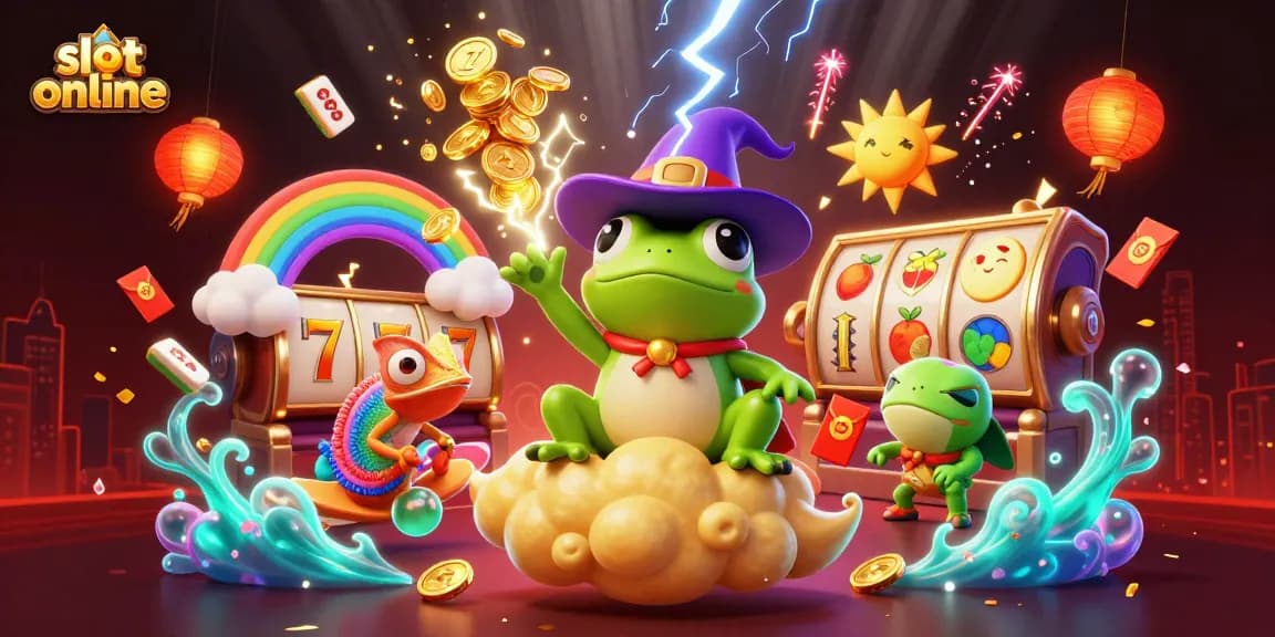 Engage with slot online games in a vibrant scene featuring a weather wizard frog amidst a coin storm.
