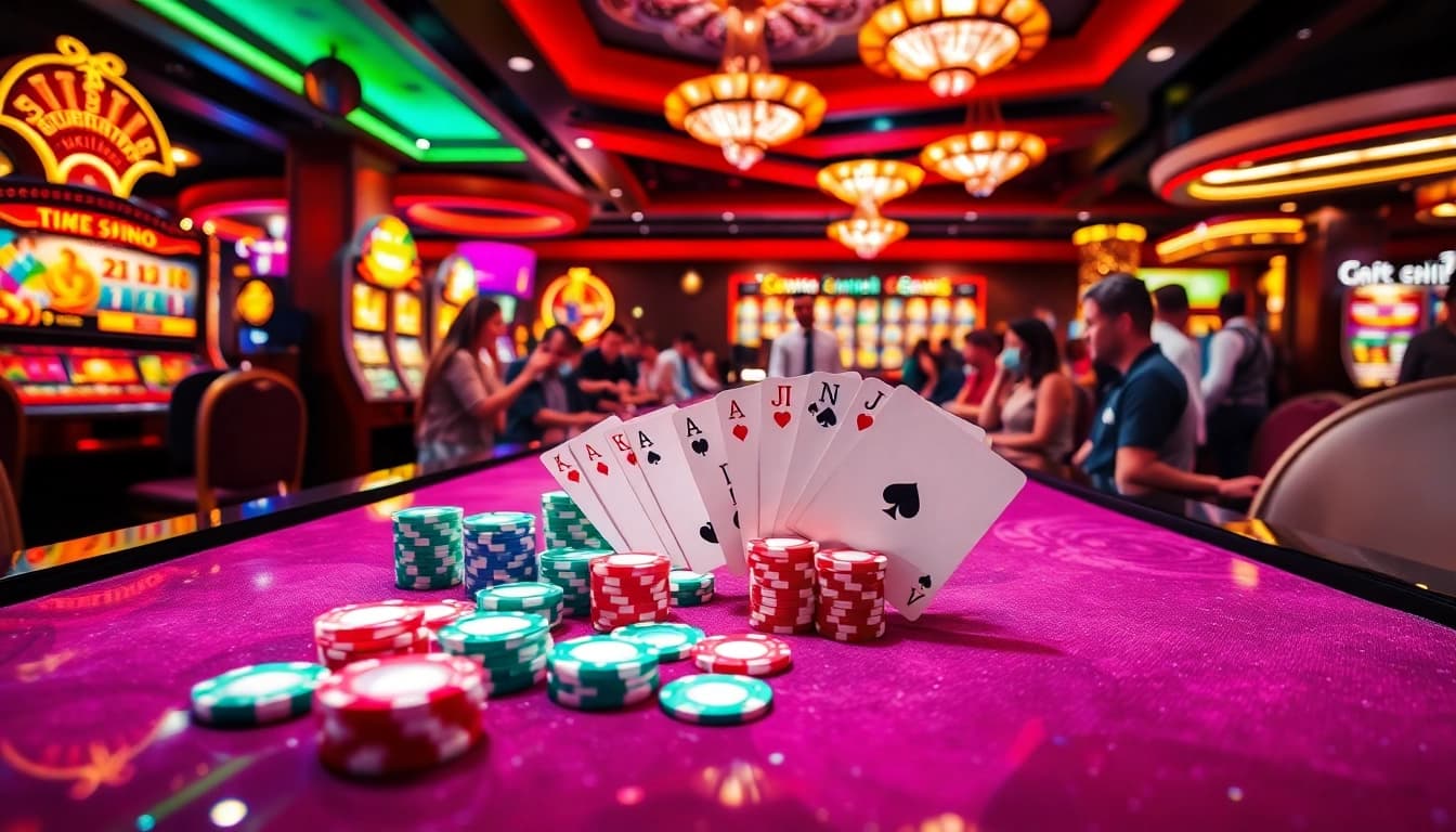 Players engaging in a thrilling game at SODO Casino, showcasing vibrant poker chips and dynamic slot machines.