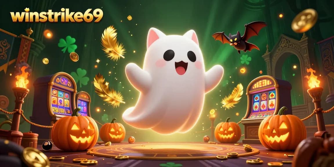 Winstrike69 showcases a friendly ghost cat in a haunted casino, surrounded by vibrant elements and glowing poker jack-o-lanterns.