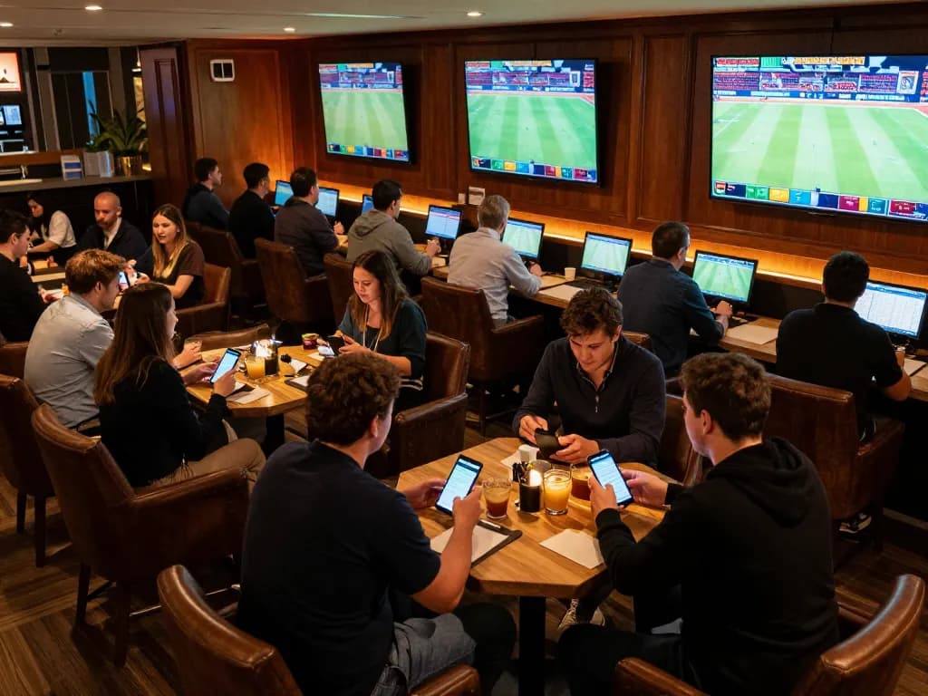Engaged bettors analyze odds at 789win's upscale sports betting lounge during live games