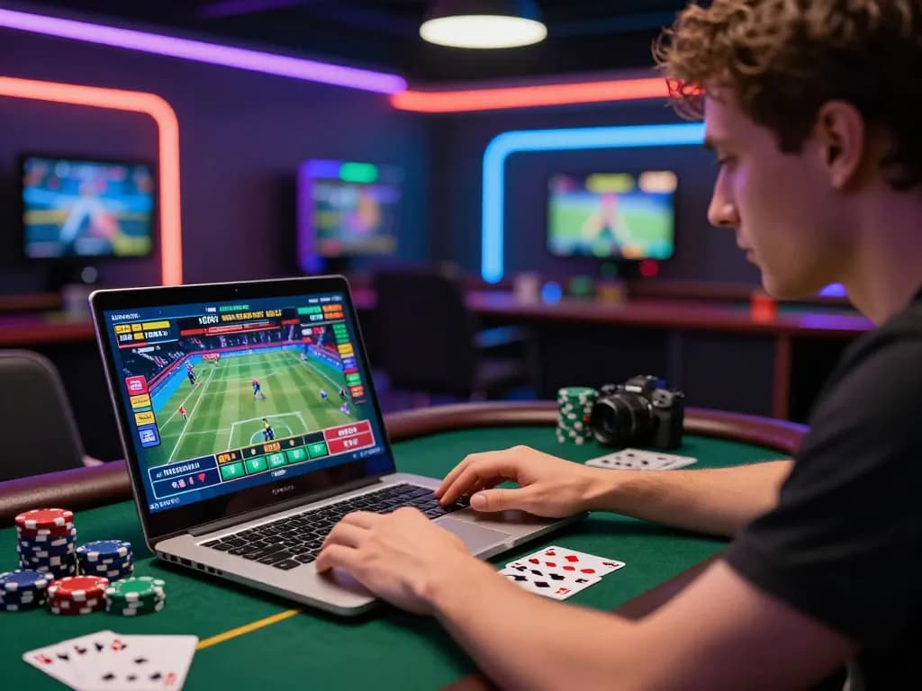 Engaged gamer placing bets on Fabet platform in modern betting room.