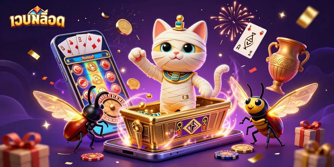 Engage in เว็บสล็อต fun as the Egyptian mummy cat and scarab beetle unite in a vibrant 3D casino scene.
