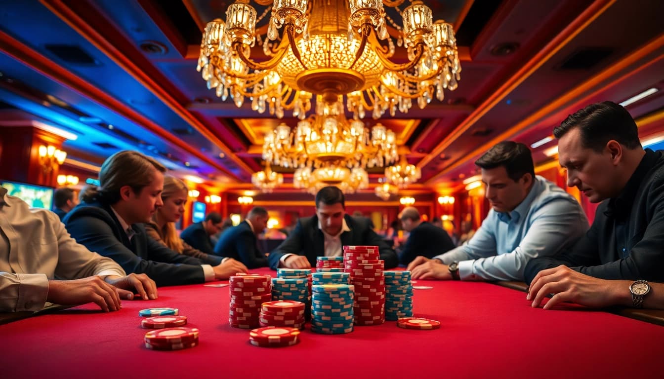 Menggambarkan aksi SBOBET88 di meja poker yang mewah dengan pemain yang terlibat.