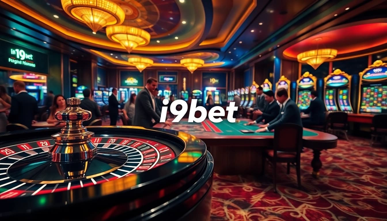 Gambling excitement at i9bet's vibrant casino tables, featuring roulette and poker players.