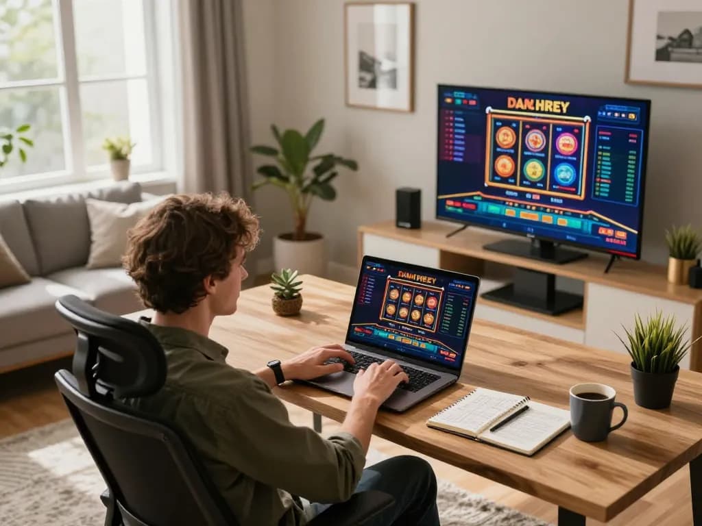 Player engaging with paris888 online casino interface amidst a sleek home gaming setup