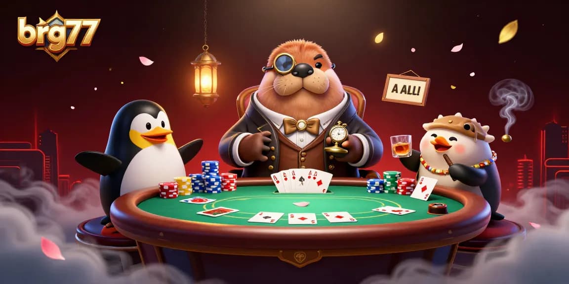 Engage in spirited poker action at brg77 featuring animated walrus, penguin dealer, and bluffing pufferfish.