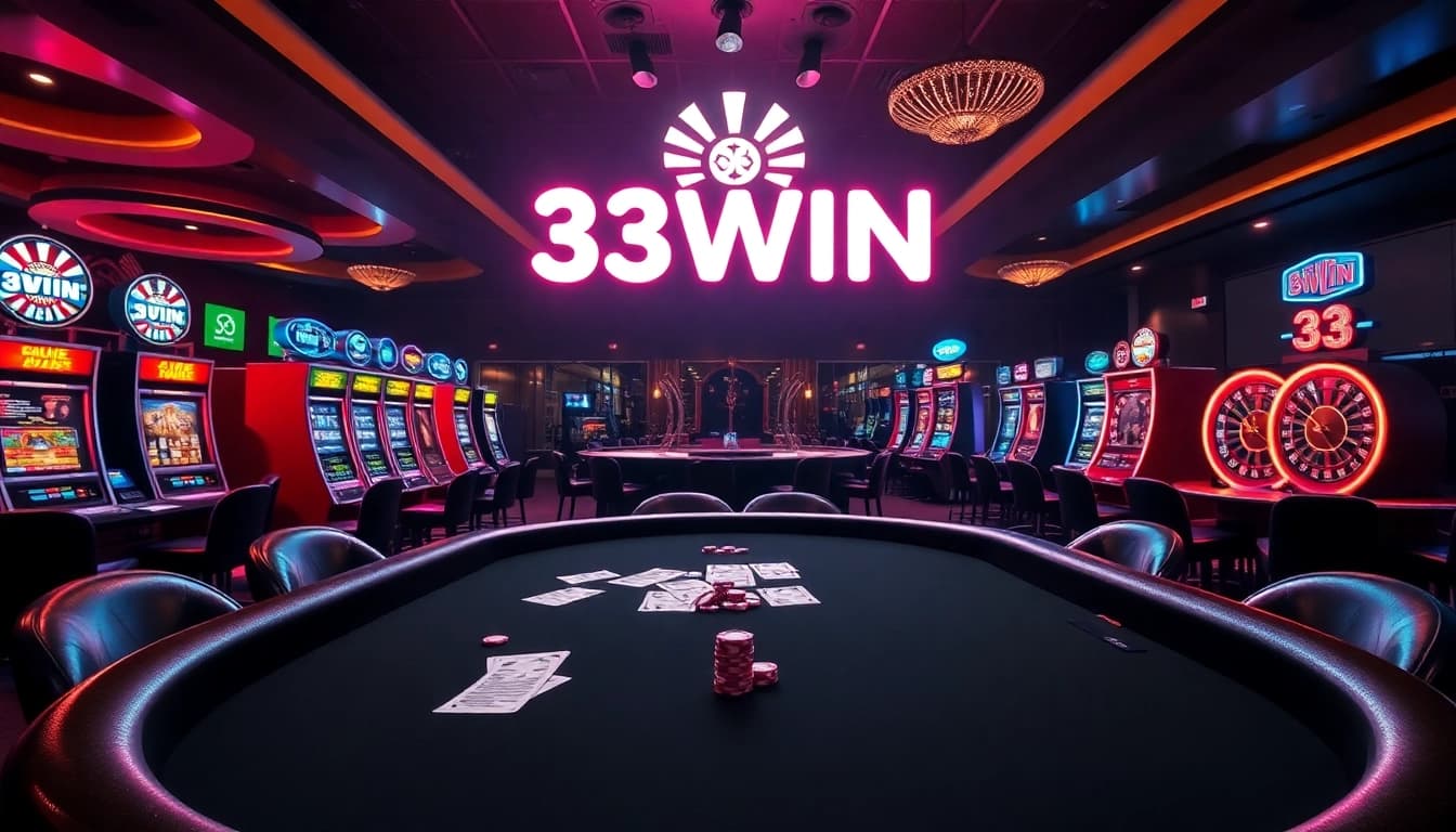 Experience the thrill of 33WIN with lively casino games featuring poker tables and vibrant slot machines.