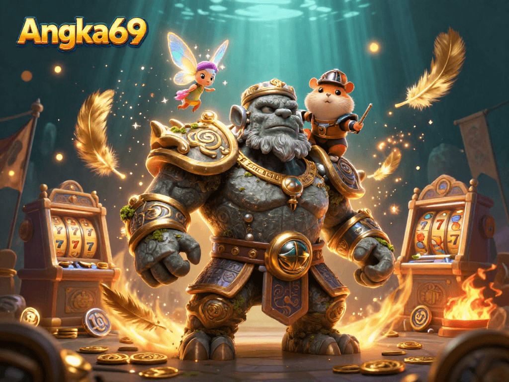 Experience Angka69: immerse in thrilling slot action as a brave hamster knight rides a golem in a magical arena.
