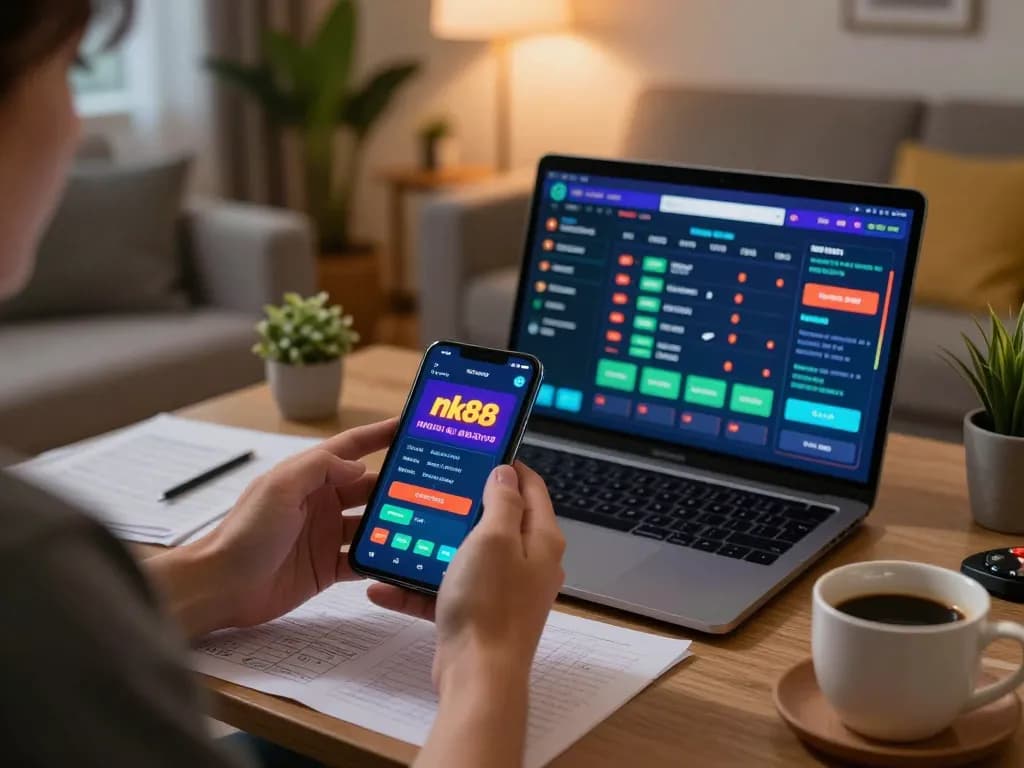 Player using nk88 mobile app for casino gaming in cozy home setting, showcasing responsible gambling.