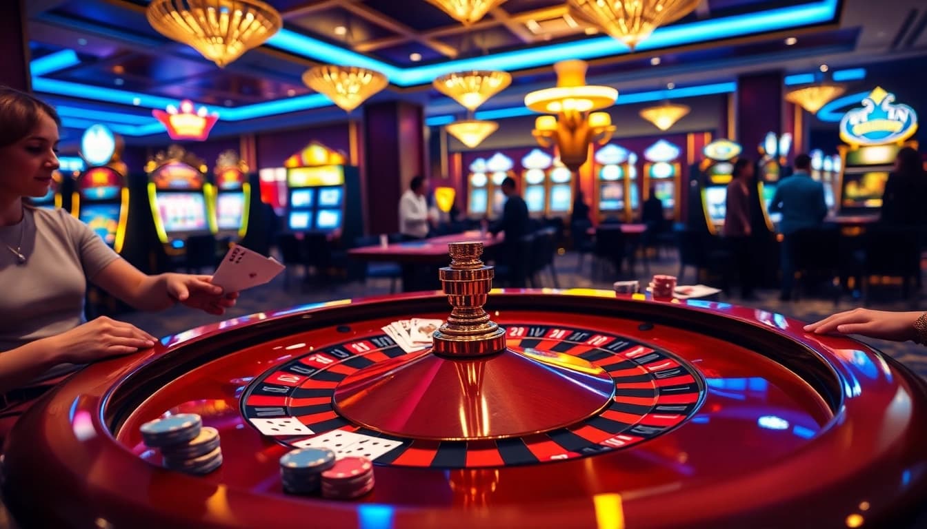 Exciting gaming scene at kkwin.black, featuring roulette, cards, and chips in a luxurious setting.