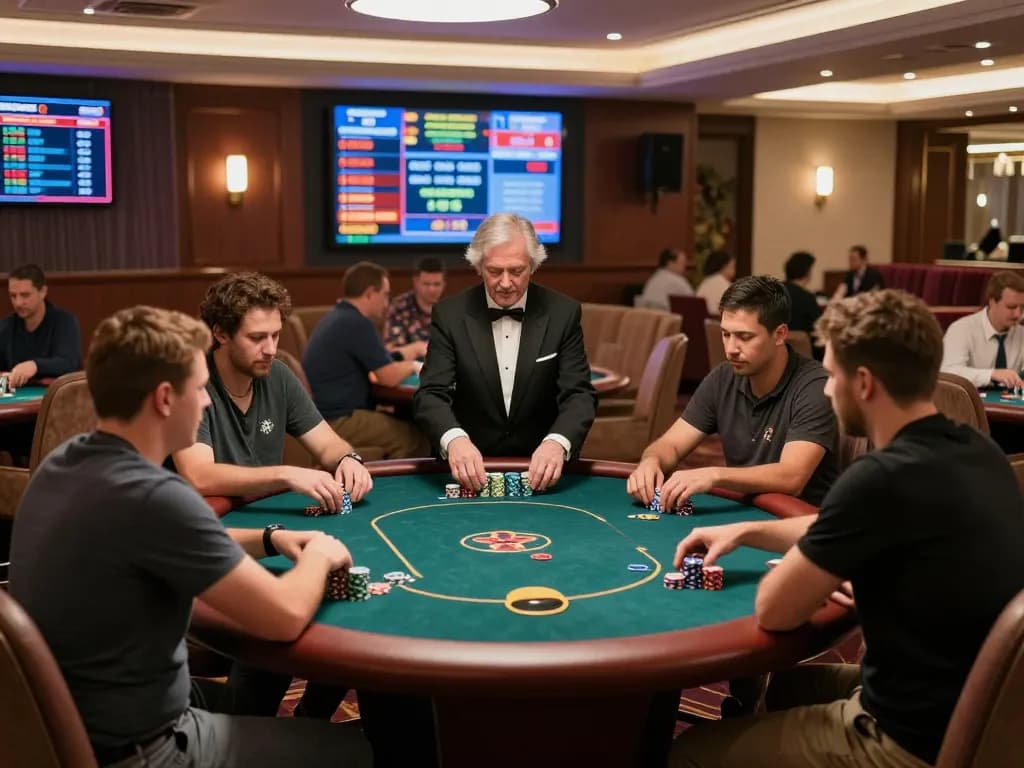 Engaged players at NHÀ CÁI F168 poker tables enjoying a high-stakes game in a luxurious casino setting.