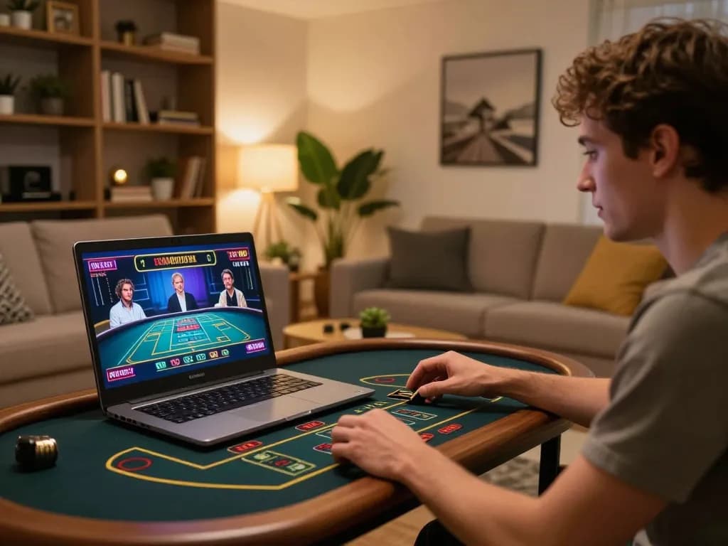 Engaging with live casino games on a laptop, showcasing nhà cái uy tín 123B in a cozy home setting.