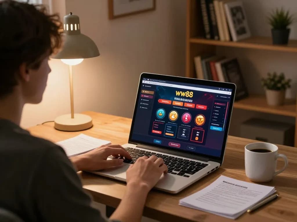 Person engaged with ww88 online casino setup, emphasizing strategic betting and comfortable environment