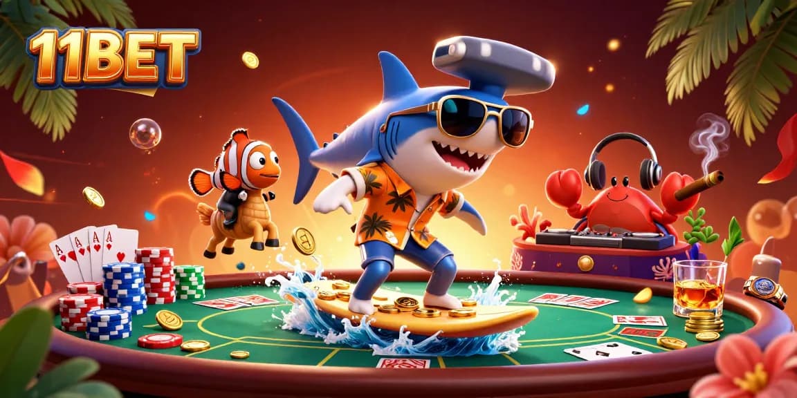 Experience 11BET thrills with a vibrant 3D casino scene featuring animated characters and poker elements.