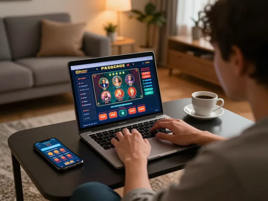 Engaged gamer using casino app at https://5g28.com/ with focused expression in cozy home environment.