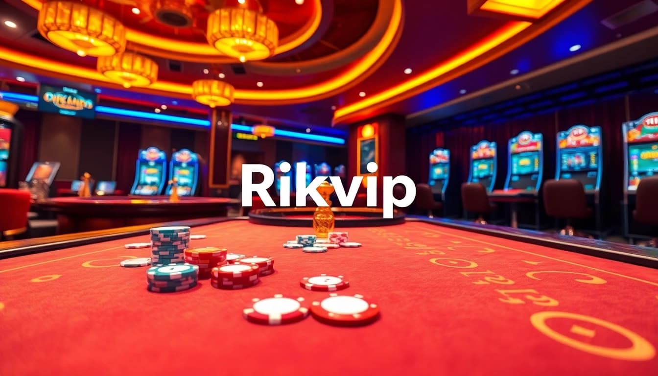 Experience the thrill of online gambling at Rikvip with colorful chips, cards, and casino tables.