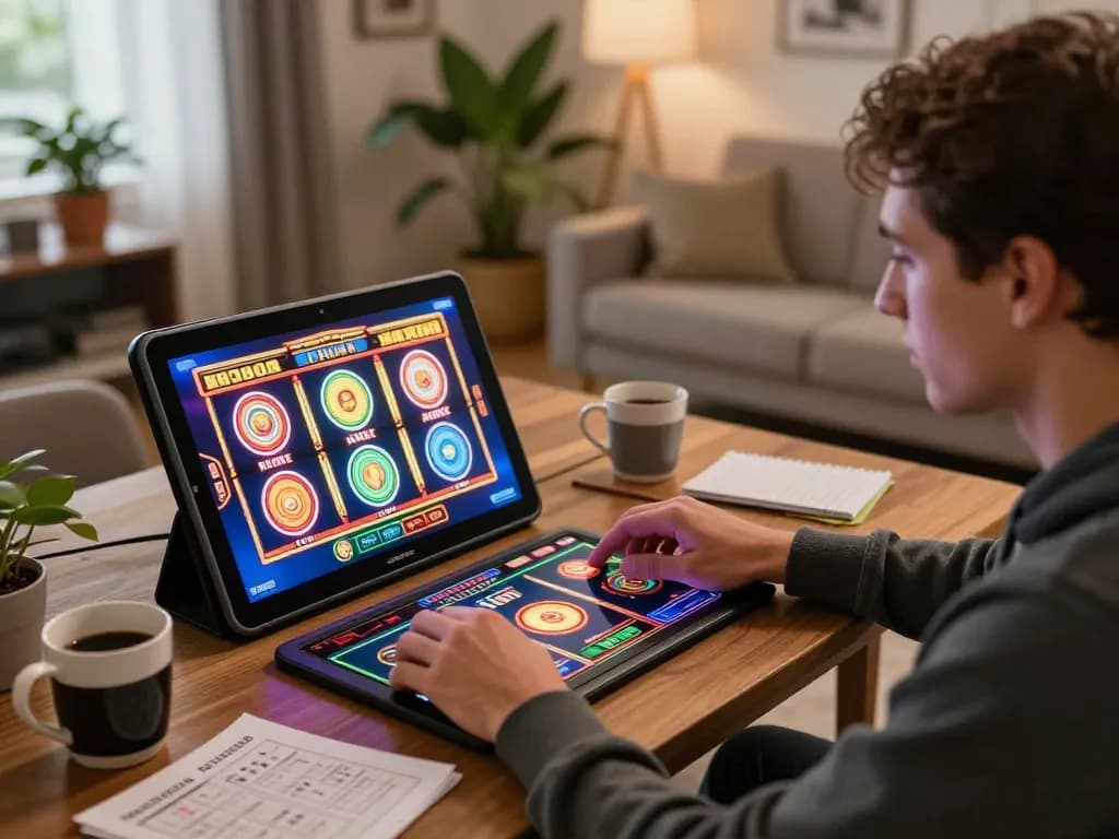 Player enjoying U888 slot games on a tablet in a cozy living room, emphasizing strategic gaming