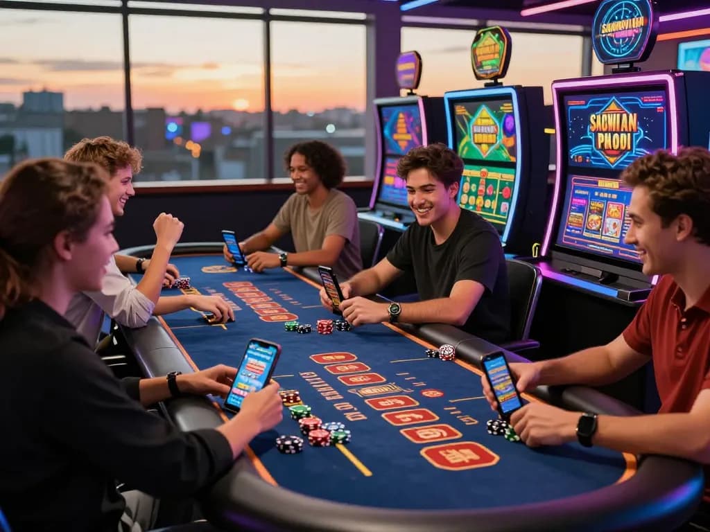 Players joyfully interacting with sunwin game in a lively casino setting.