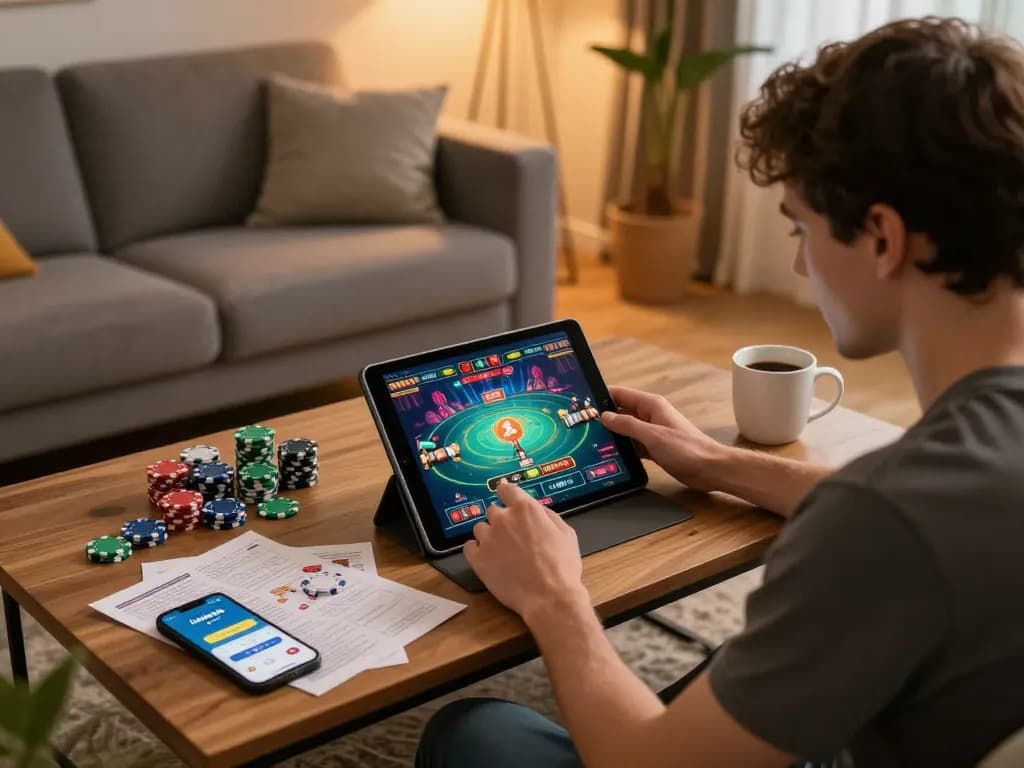 Engaging in responsible gaming through luckywin com on a tablet in a cozy living room.
