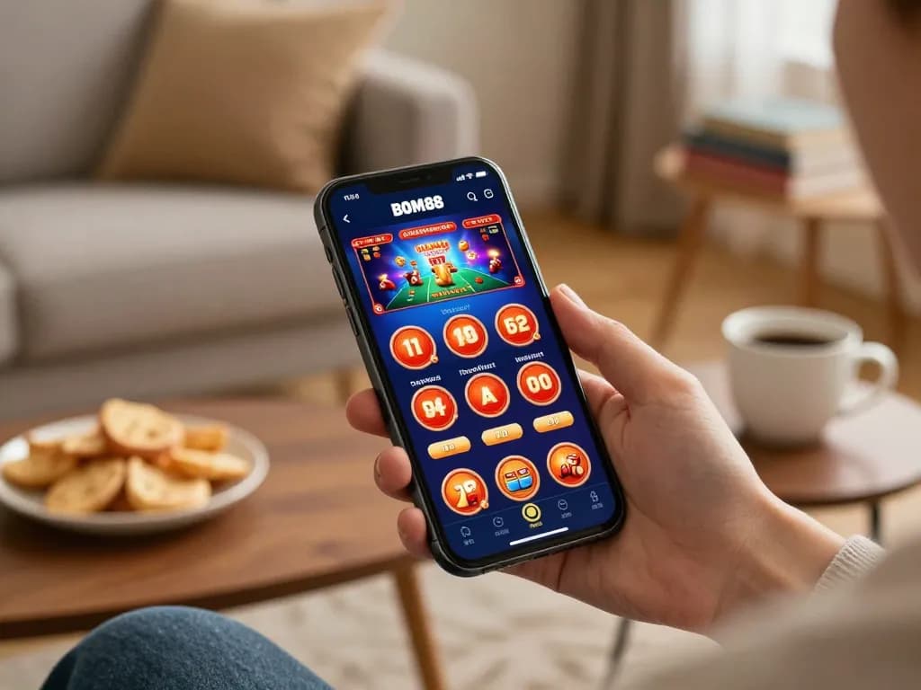 Rasakan keseruan bermain BOM88 di mobile, menampilkan antarmuka aplikasi yang menarik dalam suasana yang nyaman.