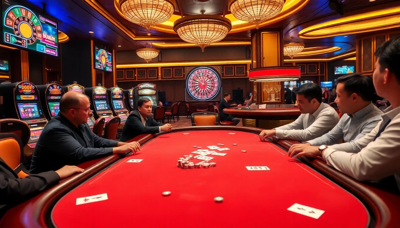 Players immerse in a high-stakes poker game at 58win's luxurious casino, surrounded by vibrant slot machines.