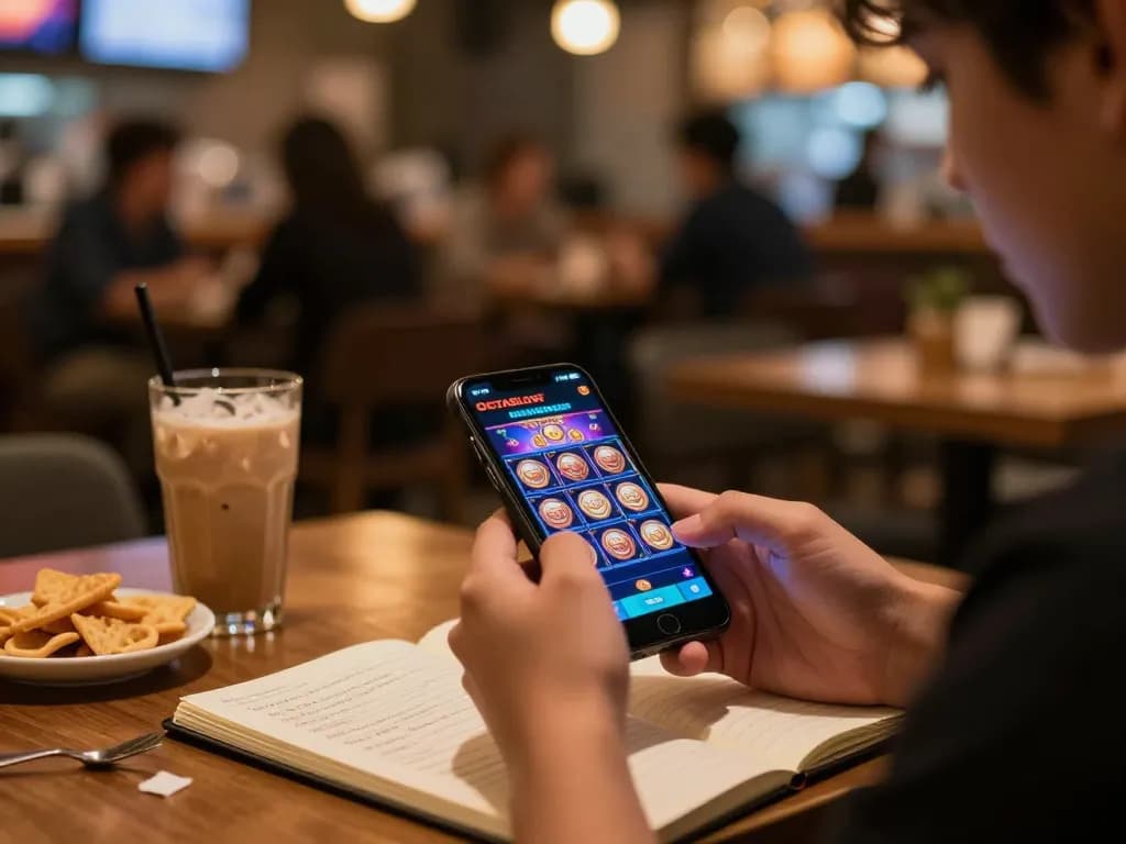 Engaging in OCTASLOT mobile gaming at a café, showcasing strategy notes and a smartphone on the table.