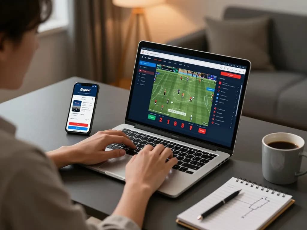 Bsport user engaging with live sports betting options in a cozy home office setup