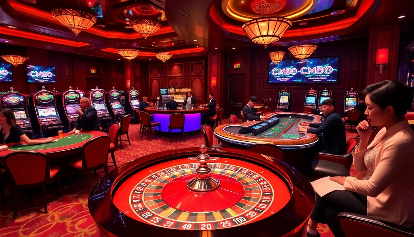 Experience thrilling gameplay at CM88 with a luxurious casino setting featuring poker, roulette, and vibrant slot machines.