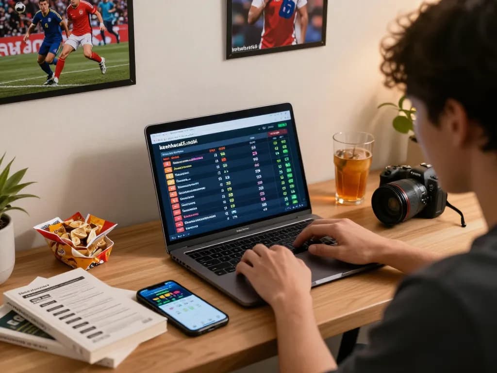Engaged bettor analyzing live odds on https://keonhacai5.mobi/ from home office, showcasing responsible gaming.