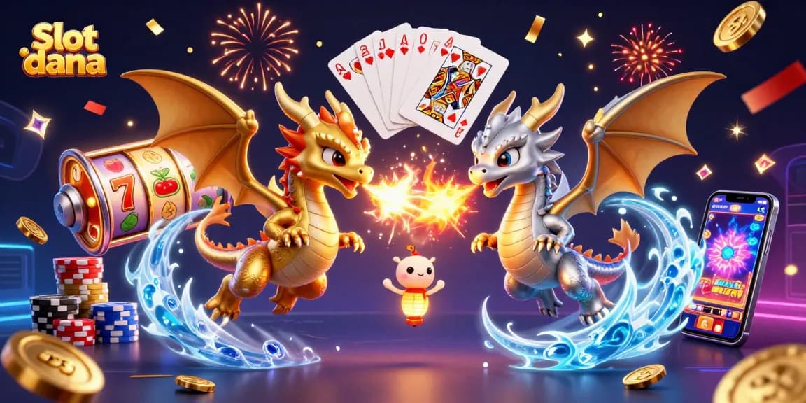 Engage with Slot dana's exciting gameplay featuring animated gold and silver dragons amidst dynamic slot visuals.