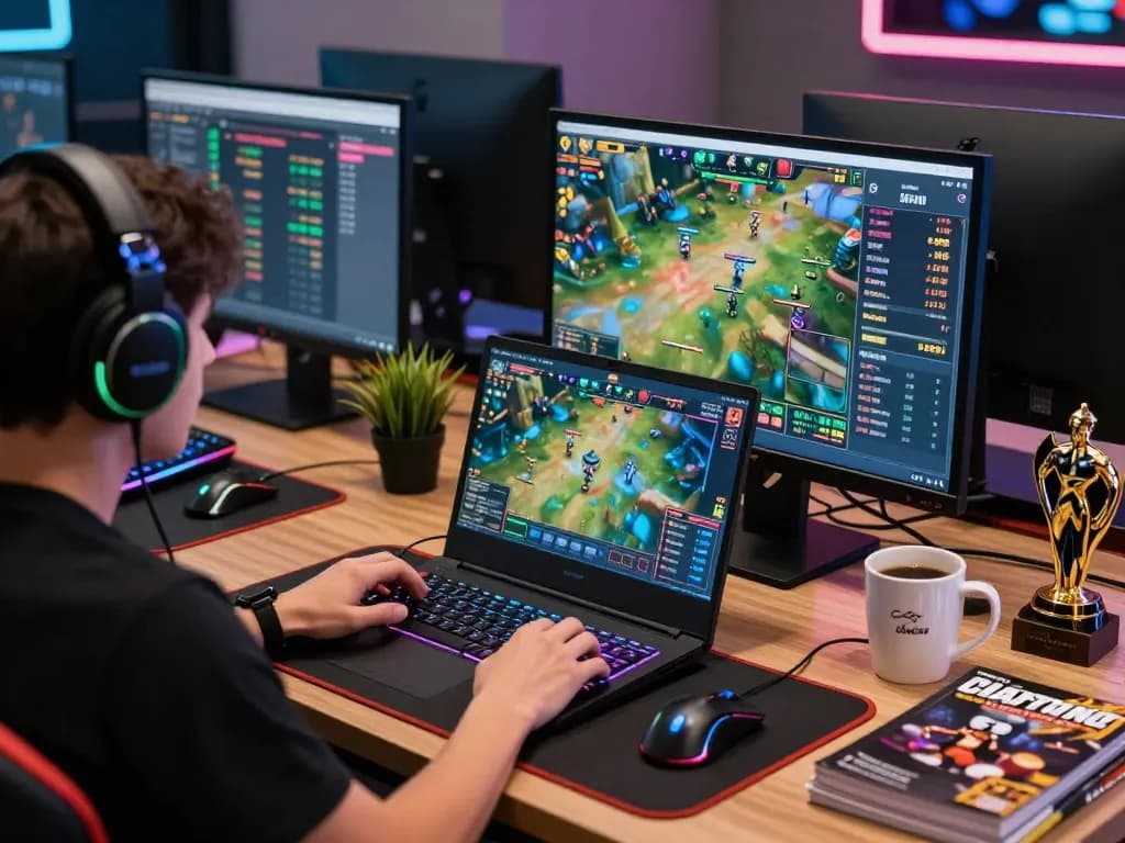 KDTOTO online gambling scene with gamer at laptop showcasing engaging gameplay and accessories.