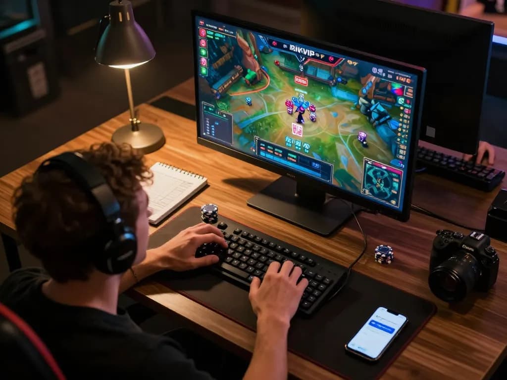 Person engaged in RIKVIP online gaming session with chips and cards displayed, showcasing strategic play.