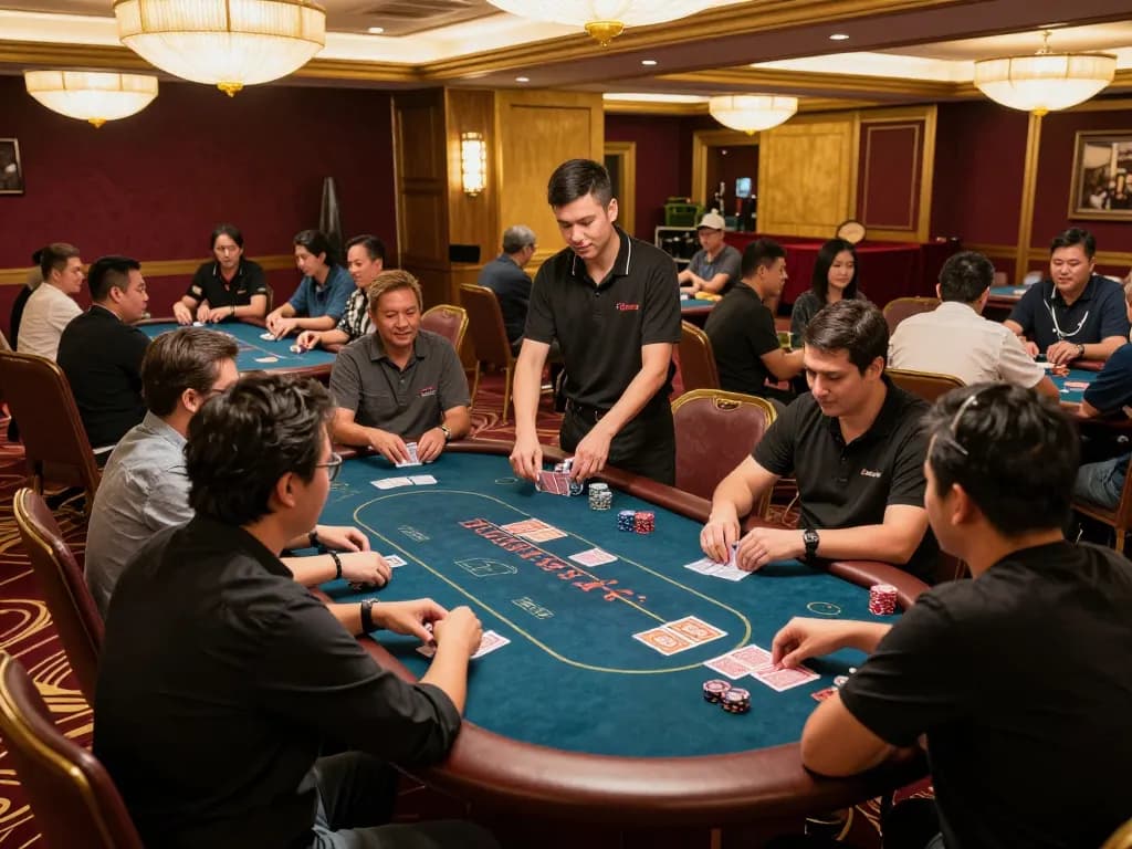 Players engaging in a thrilling poker game at go88 casino, showcasing strategic betting and vibrant casino atmosphere.