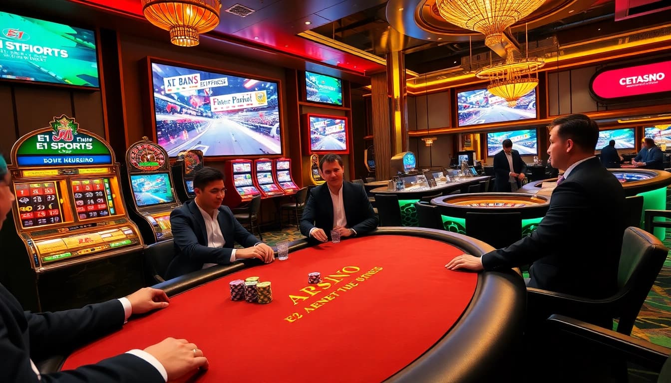 E1 Sports-themed casino scene showcasing poker and racing excitement with vibrant gaming elements.