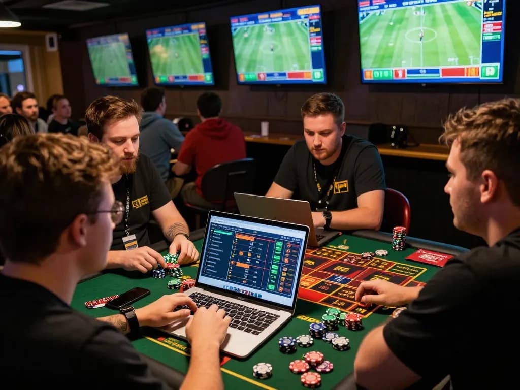 Engaged players analyze odds on xo88 while enjoying live sports betting, capturing the excitement of gaming.