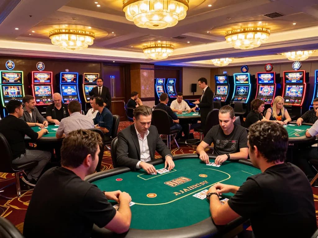 Para pemain AJAIBTOTO terlibat dalam aksi poker intens di meja kasino mewah, menunjukkan permainan strategis.