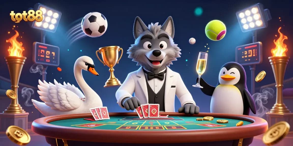 Engage with the thrill of tot88 as a debonair wolf and elegant swan deal cards at a lively baccarat table.