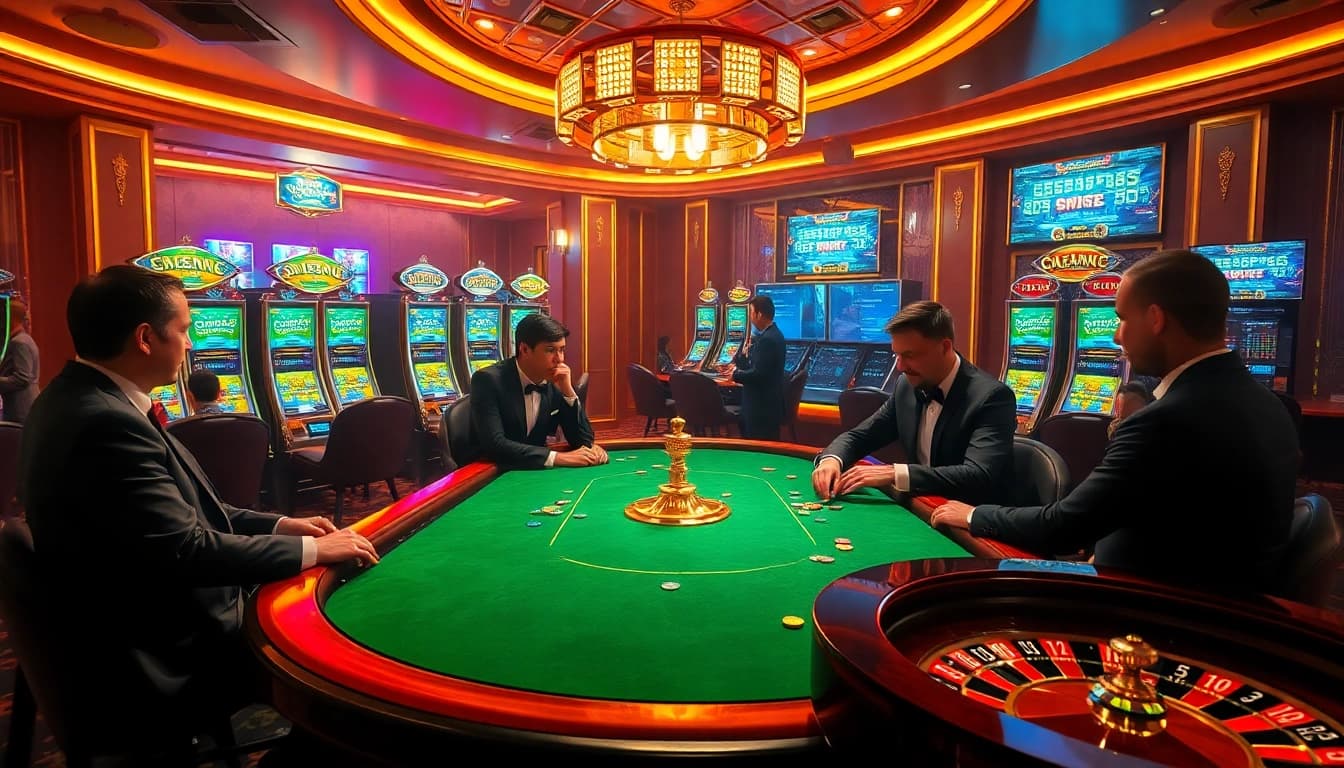 Experience the luxury of competitive gaming at KK-55.site with a vibrant poker table and slot machines.