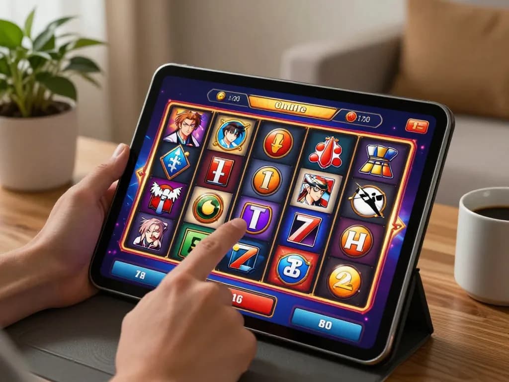 Engaging in Gsc108 Daftar online slot gaming on a tablet in a cozy living room setting