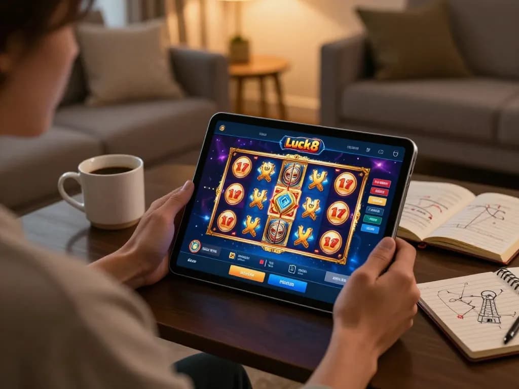 Person enjoying online gaming with the Luck8 app on a tablet in a cozy living room.