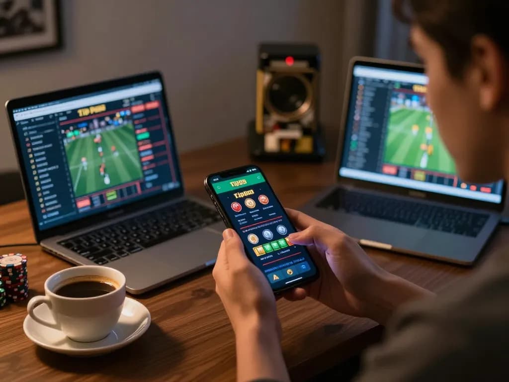 Engaging with the tip88 casino app on a smartphone in a cozy home gaming setup.
