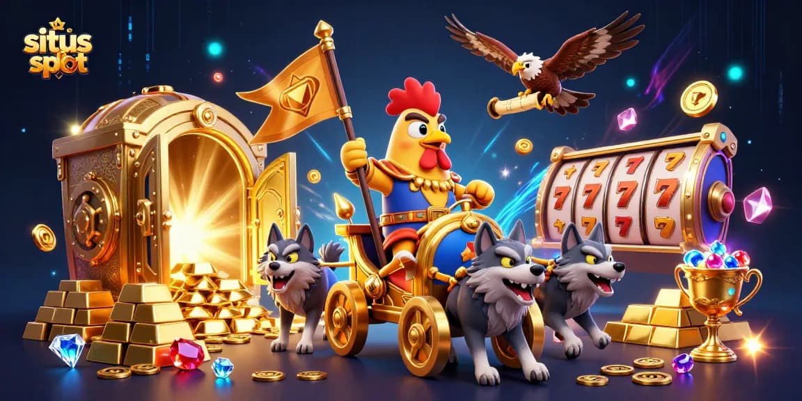 Engage with situs slot in a vibrant scene of a rooster warlord amidst golden treasures and dynamic game elements.